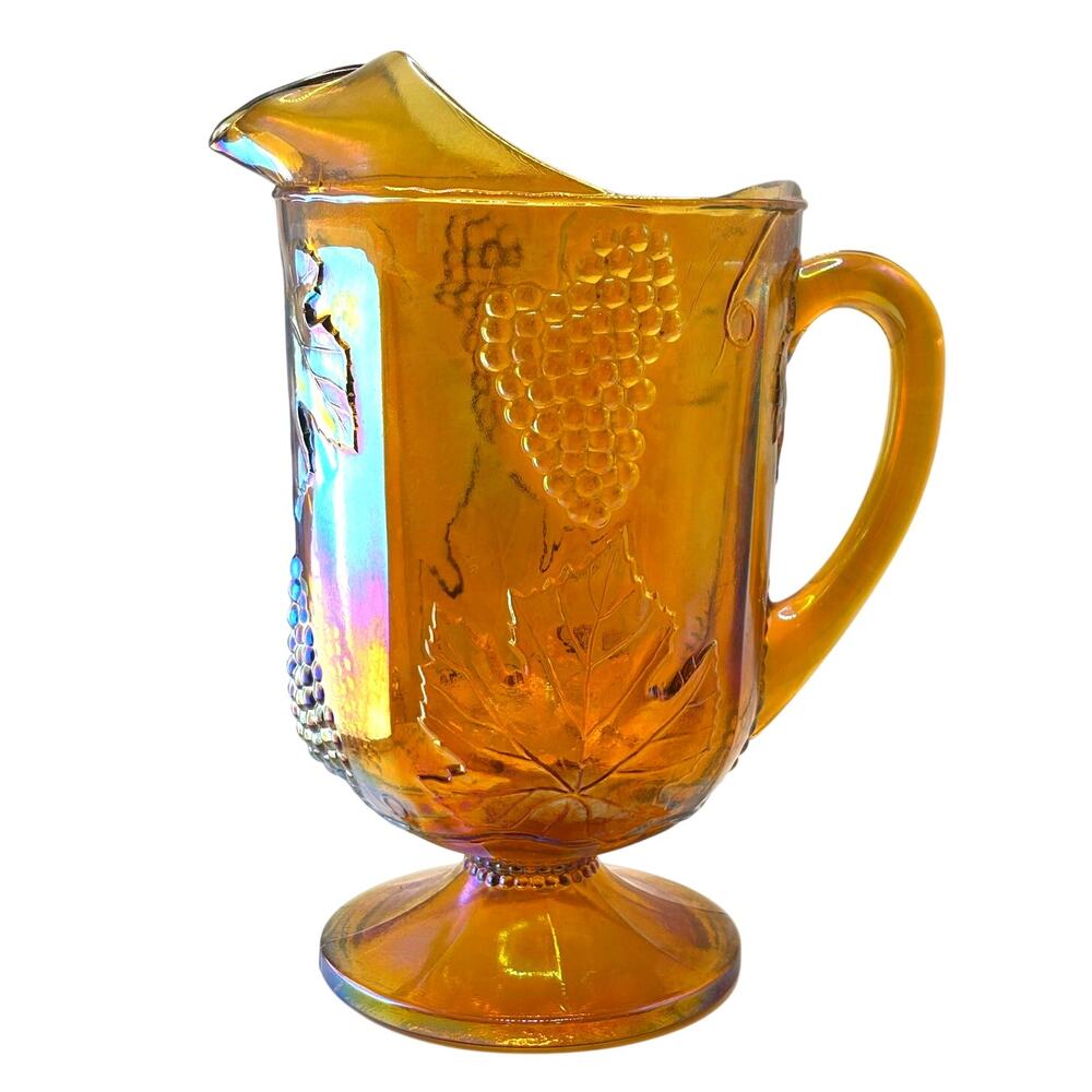VTG 1970's Indiana Glass Pitcher in Harvest Grapes Pattern, Amber Carnival Glass